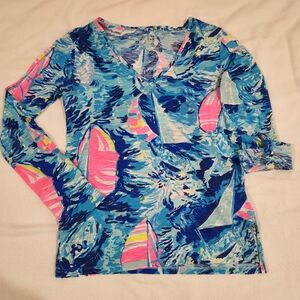 Lilly Pulitzer Jennifer Roll Up Long Sleeve Tee Hey Bay Bay Sailboat XXS